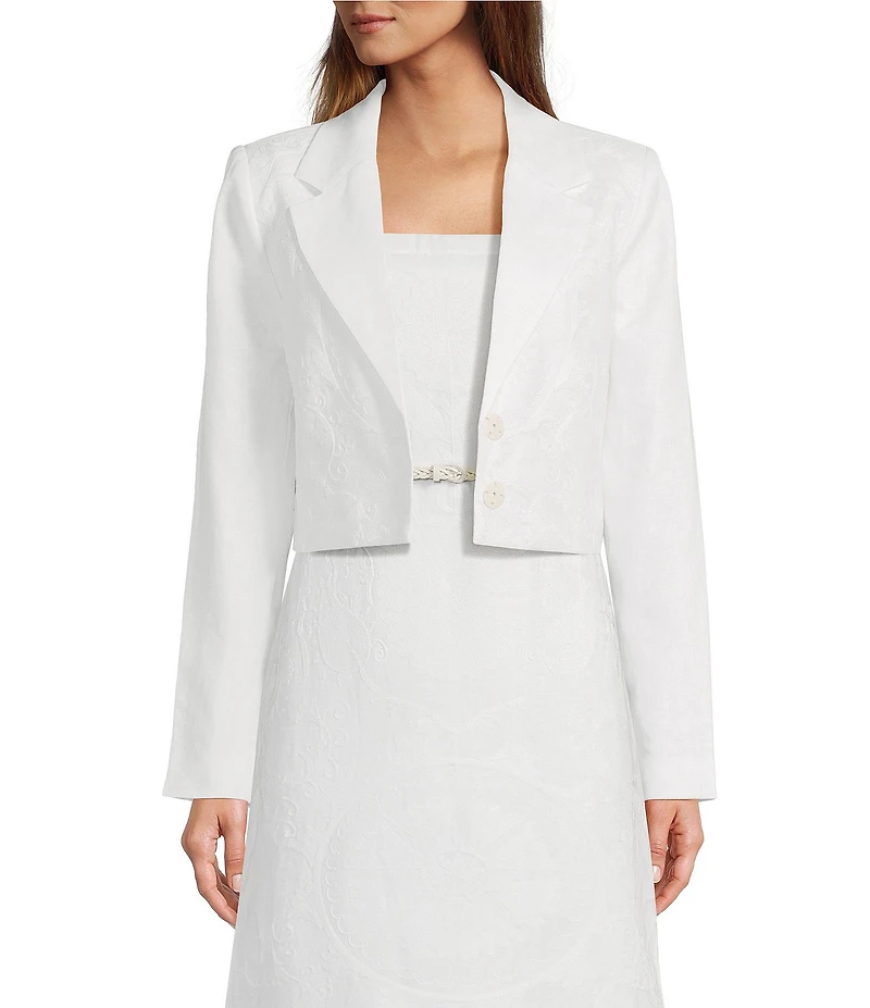 Le' AL.X Embroidered Linen Notch Lapel Long Sleeve Button Front Cropped Coordinating Blazer