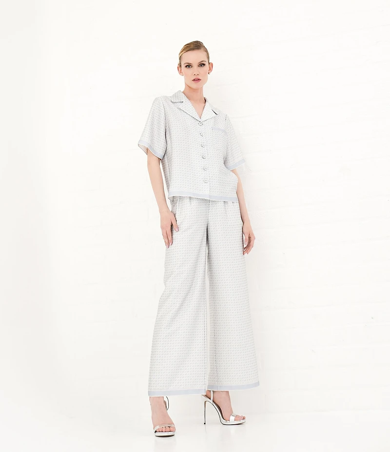 Le' AL.X Logo Print Satin High Waisted Pleated Front Wide Leg Coordinating Pants