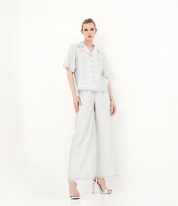 Le' AL.X Logo Print Satin High Waisted Pleated Front Wide Leg Coordinating Pants