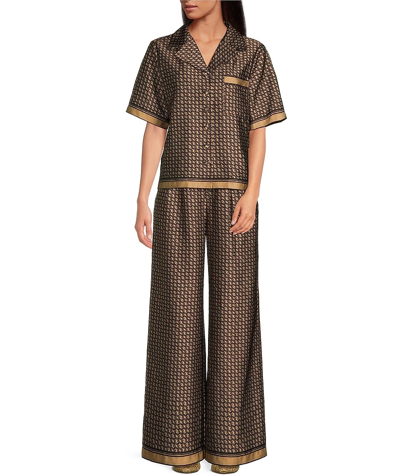 Le' AL.X Logo Print Satin High Waisted Pleated Front Wide Leg Coordinating Pants