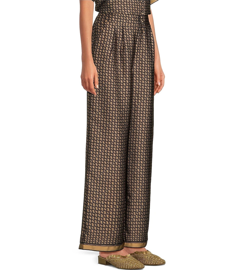 Le' AL.X Logo Print Satin High Waisted Pleated Front Wide Leg Coordinating Pants