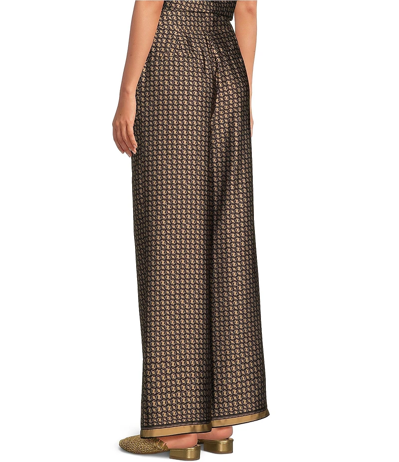 Le' AL.X Logo Print Satin High Waisted Pleated Front Wide Leg Coordinating Pants