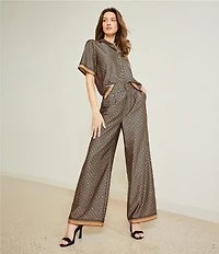 Le' AL.X Logo Print Satin High Waisted Pleated Front Wide Leg Coordinating Pants