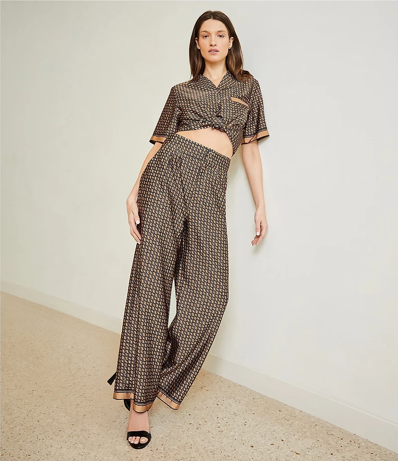 Le' AL.X Logo Print Satin High Waisted Pleated Front Wide Leg Coordinating Pants