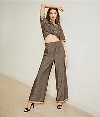 Le' AL.X Logo Print Satin High Waisted Pleated Front Wide Leg Coordinating Pants