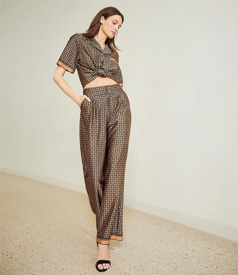 Le' AL.X Logo Print Satin High Waisted Pleated Front Wide Leg Coordinating Pants
