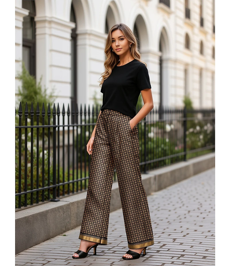 Le' AL.X Logo Print Satin High Waisted Pleated Front Wide Leg Coordinating Pants