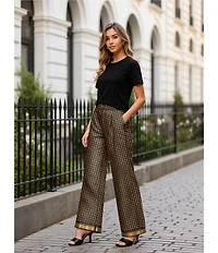 Le' AL.X Logo Print Satin High Waisted Pleated Front Wide Leg Coordinating Pants
