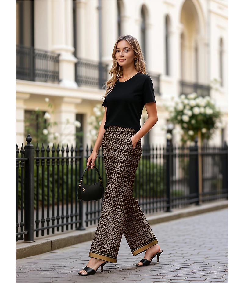 Le' AL.X Logo Print Satin High Waisted Pleated Front Wide Leg Coordinating Pants