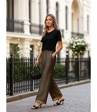 Le' AL.X Logo Print Satin High Waisted Pleated Front Wide Leg Coordinating Pants