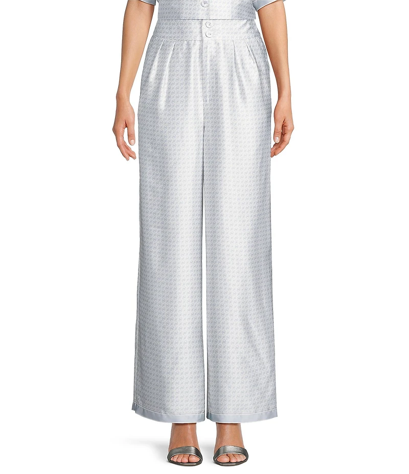Le' AL.X Logo Print Satin High Waisted Pleated Front Wide Leg Coordinating Pants