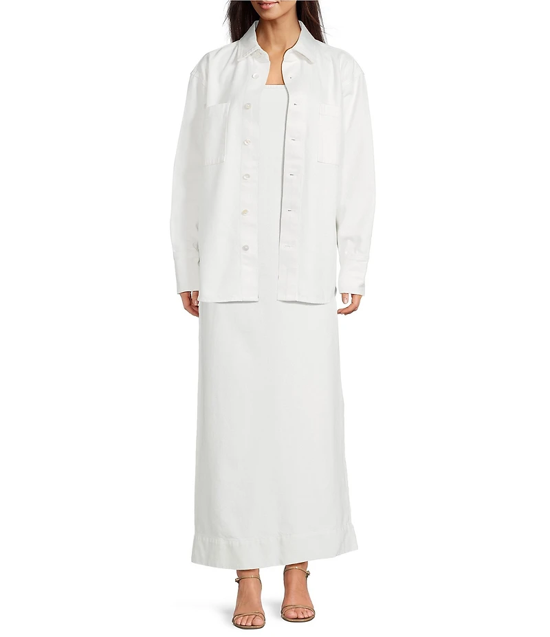Le' AL.X Denim Point Collar Button Front Dropped Long Sleeve Oversized Coordinating Overshirt