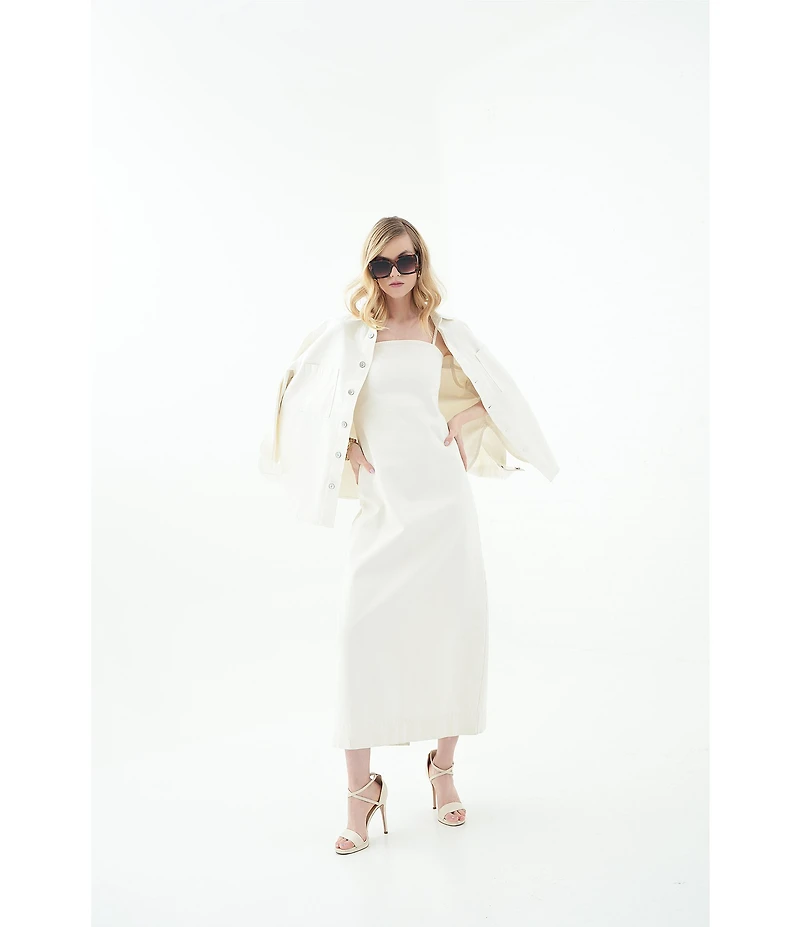 Le' AL.X Denim Point Collar Button Front Dropped Long Sleeve Oversized Coordinating Overshirt