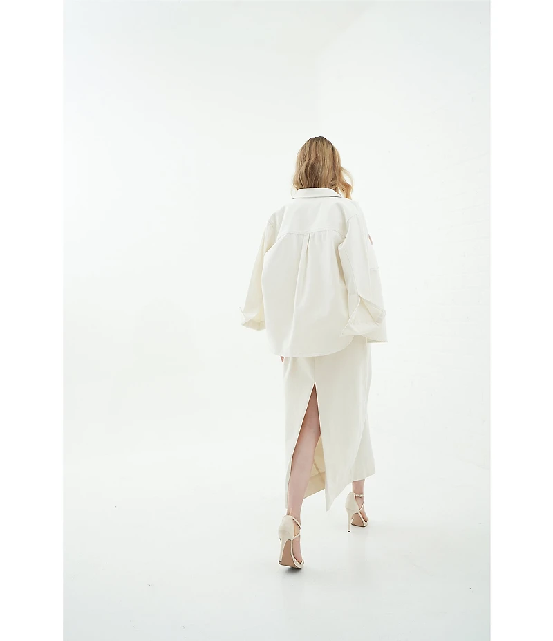 Le' AL.X Denim Point Collar Button Front Dropped Long Sleeve Oversized Coordinating Overshirt