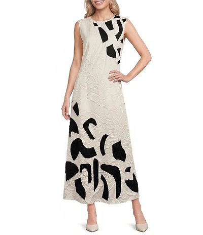 Le' AL.X Embroidered Geo Print Crew Neck Sleeveless A-Line Maxi Dress