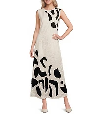 Le' AL.X Embroidered Geo Print Crew Neck Sleeveless A-Line Maxi Dress