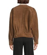 Le' AL.X Genuine Suede Pleated Crew Neck Long Sleeve Button Front Bomber Jacket