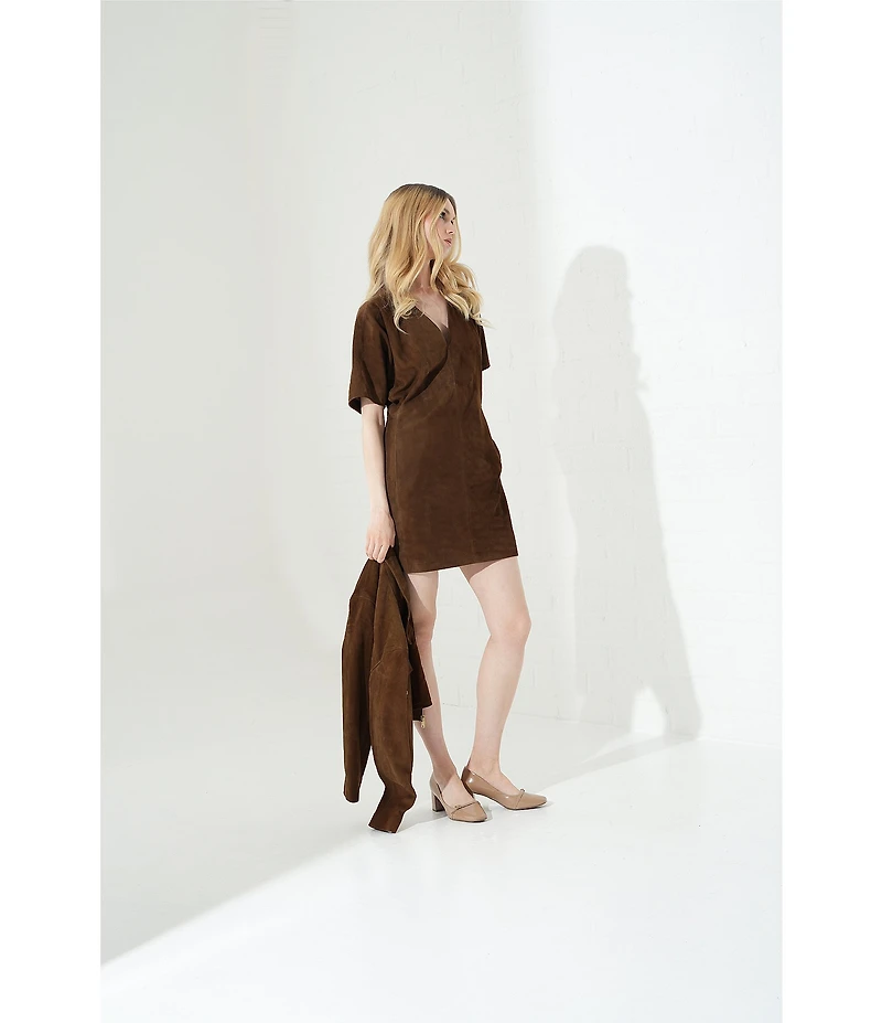 Le' AL.X Genuine Suede V-Neck Short Sleeve A-Line Mini Dress
