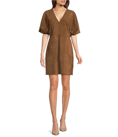 Le' AL.X Genuine Suede V-Neck Short Sleeve A-Line Mini Dress