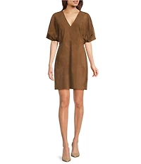 Le' AL.X Genuine Suede V-Neck Short Sleeve A-Line Mini Dress