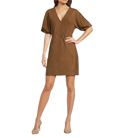 Le' AL.X Genuine Suede V-Neck Short Sleeve A-Line Mini Dress