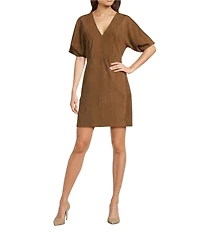 Le' AL.X Genuine Suede V-Neck Short Sleeve A-Line Mini Dress
