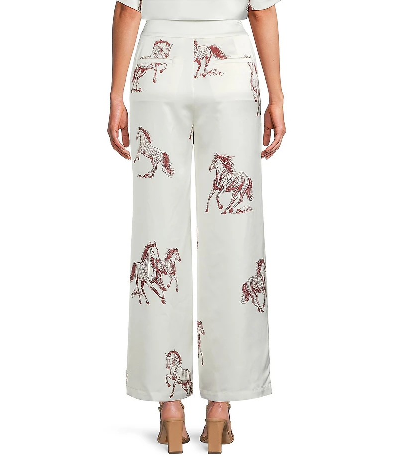 Le' AL.X Horse Print Satin High Waisted Pleated Front Wide Leg Coordinating Pants