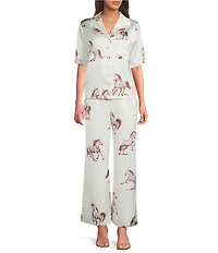 Le' AL.X Horse Print Satin High Waisted Pleated Front Wide Leg Coordinating Pants