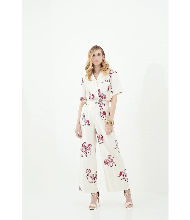 Le' AL.X Horse Print Satin High Waisted Pleated Front Wide Leg Coordinating Pants