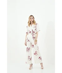Le' AL.X Horse Print Satin High Waisted Pleated Front Wide Leg Coordinating Pants