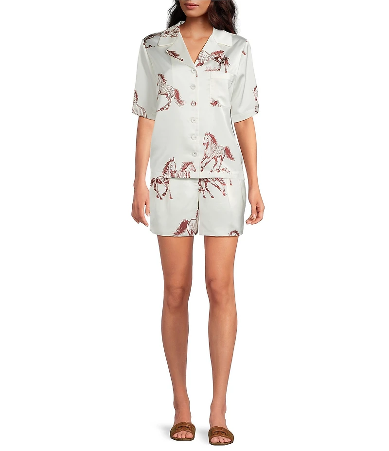 Le' AL.X Horse Print Satin Notch Lapel Short Sleeve Cropped Coordinating Camp Shirt