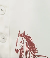 Le' AL.X Horse Print Satin Notch Lapel Short Sleeve Cropped Coordinating Camp Shirt
