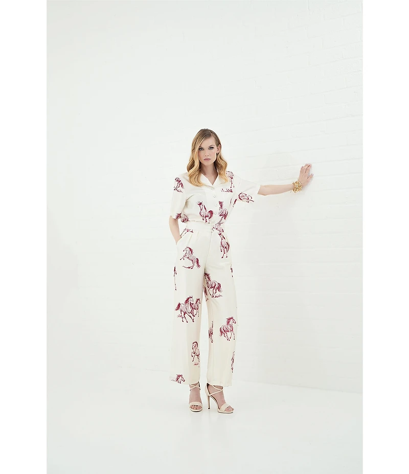 Le' AL.X Horse Print Satin Notch Lapel Short Sleeve Cropped Coordinating Camp Shirt