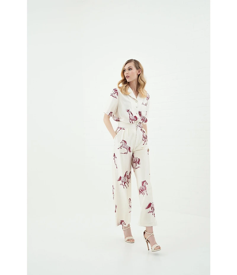 Le' AL.X Horse Print Satin Notch Lapel Short Sleeve Cropped Coordinating Camp Shirt