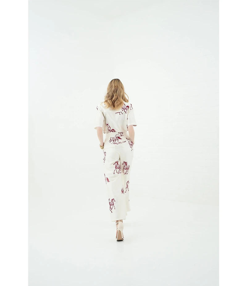 Le' AL.X Horse Print Satin Notch Lapel Short Sleeve Cropped Coordinating Camp Shirt