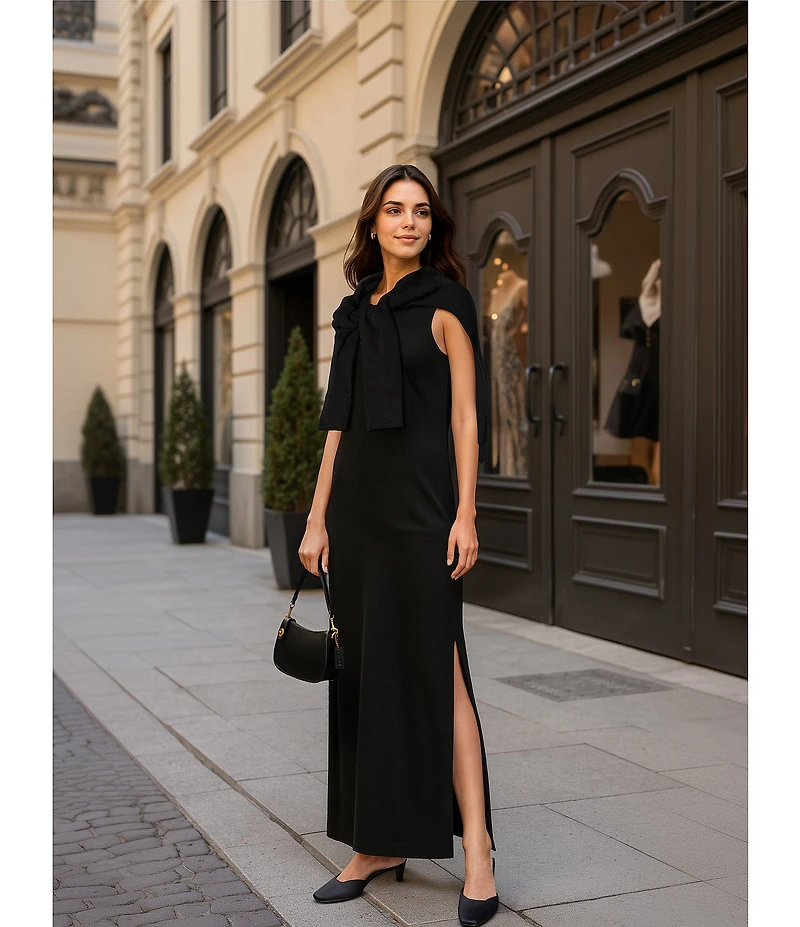 Le' AL.X Jersey Stretch Knit Crew Neck Sleeveless Coordinating Shift Maxi Dress