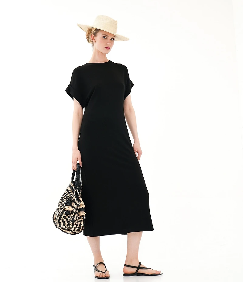 Le' AL.X Knit Crew Neck Short Cuffed Sleeve Midi T-Shirt Dress