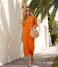 Le' AL.X Knit Crew Neck Short Cuffed Sleeve Midi T-Shirt Dress