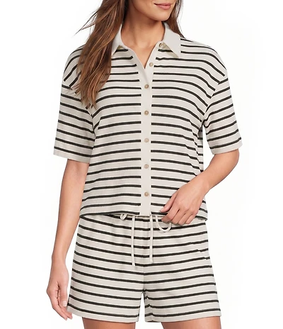 Le' AL.X Knit Striped Collared Short Sleeve Button Front Coordinating Shirt