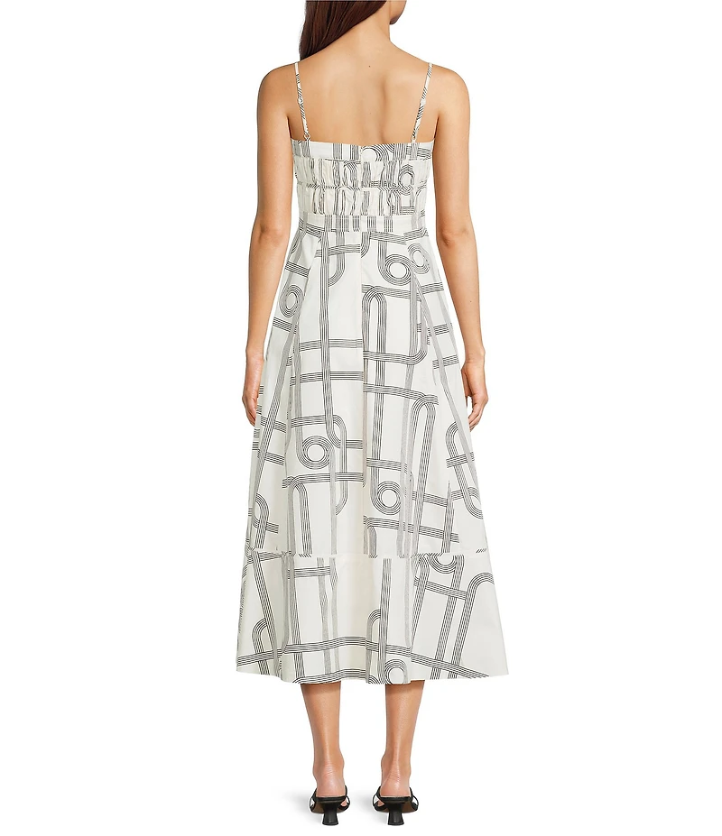 Le' AL.X Knot Print Woven Ruched Straight Keyhole Neck Spaghetti Strap A-Line Midi Coordinating Dress