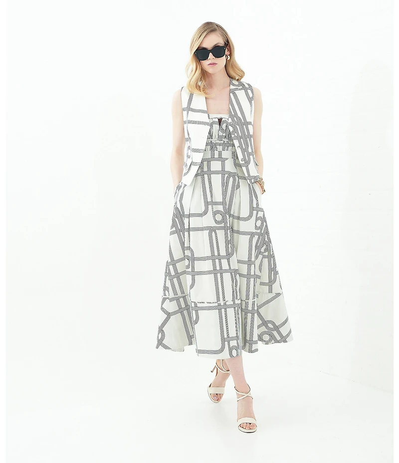 Le' AL.X Knot Print Woven Ruched Straight Keyhole Neck Spaghetti Strap A-Line Midi Coordinating Dress