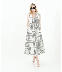 Le' AL.X Knot Print Woven Ruched Straight Keyhole Neck Spaghetti Strap A-Line Midi Coordinating Dress