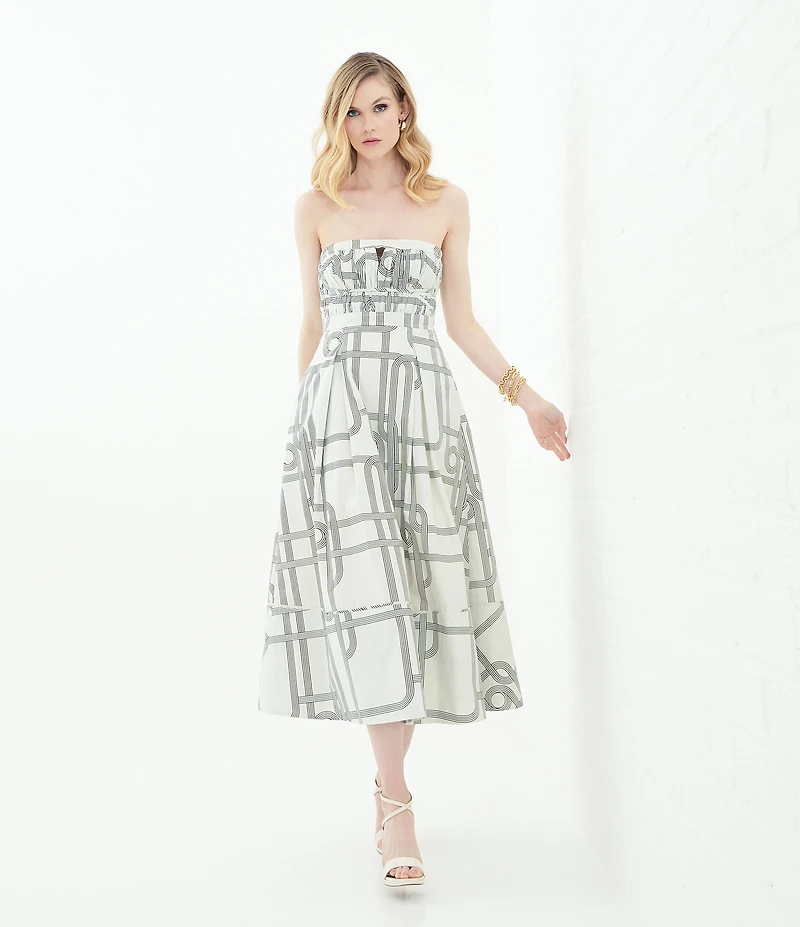 Le' AL.X Knot Print Woven Ruched Straight Keyhole Neck Spaghetti Strap A-Line Midi Coordinating Dress