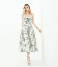 Le' AL.X Knot Print Woven Ruched Straight Keyhole Neck Spaghetti Strap A-Line Midi Coordinating Dress