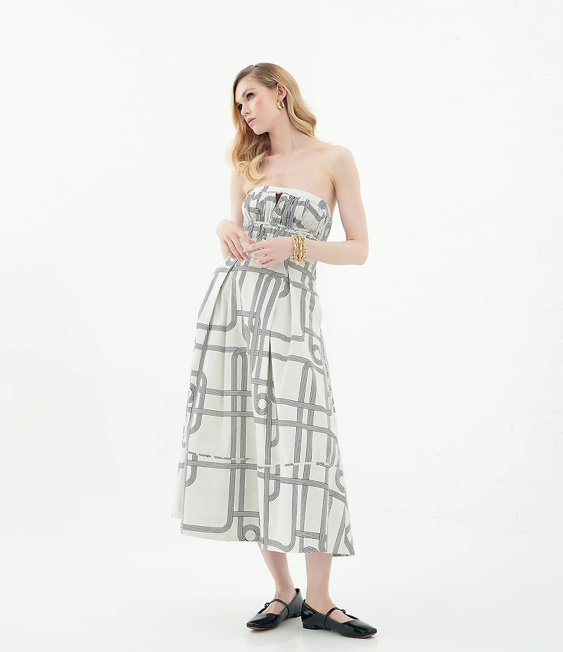 Le' AL.X Knot Print Woven Ruched Straight Keyhole Neck Spaghetti Strap A-Line Midi Coordinating Dress