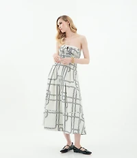 Le' AL.X Knot Print Woven Ruched Straight Keyhole Neck Spaghetti Strap A-Line Midi Coordinating Dress