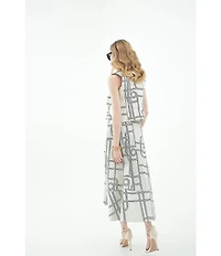 Le' AL.X Knot Print Woven Ruched Straight Keyhole Neck Spaghetti Strap A-Line Midi Coordinating Dress