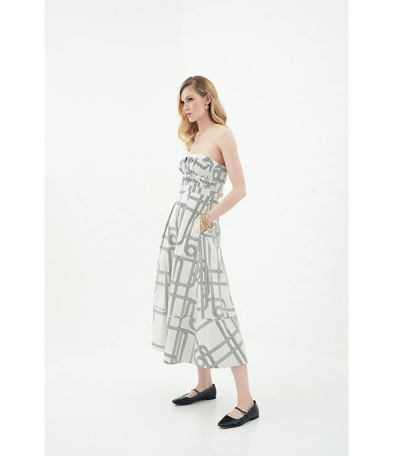 Le' AL.X Knot Print Woven Ruched Straight Keyhole Neck Spaghetti Strap A-Line Midi Coordinating Dress