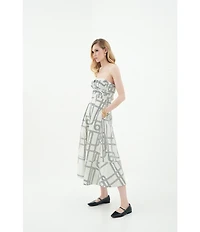 Le' AL.X Knot Print Woven Ruched Straight Keyhole Neck Spaghetti Strap A-Line Midi Coordinating Dress
