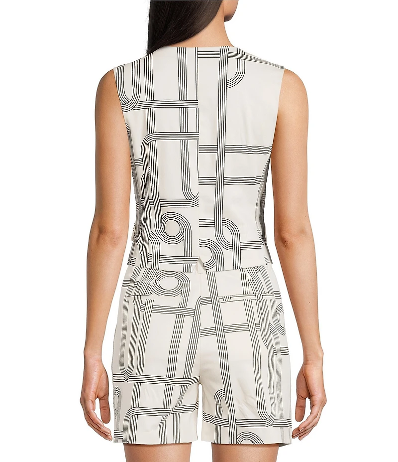 Le' AL.X Knot Print Woven V-Neck Sleeveless Button Front Coordinating Vest